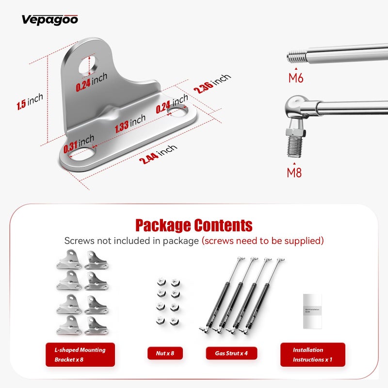 Vepagoo 15 Inch 67Lb/300N Gas Struts Shock for Heavy Duty Toolbox, Lift Support with L-Type Mounts Brackets for RV Bed Cover Trap Door Window Boat Hatch, 4pcs (2 Pair) - Image 2